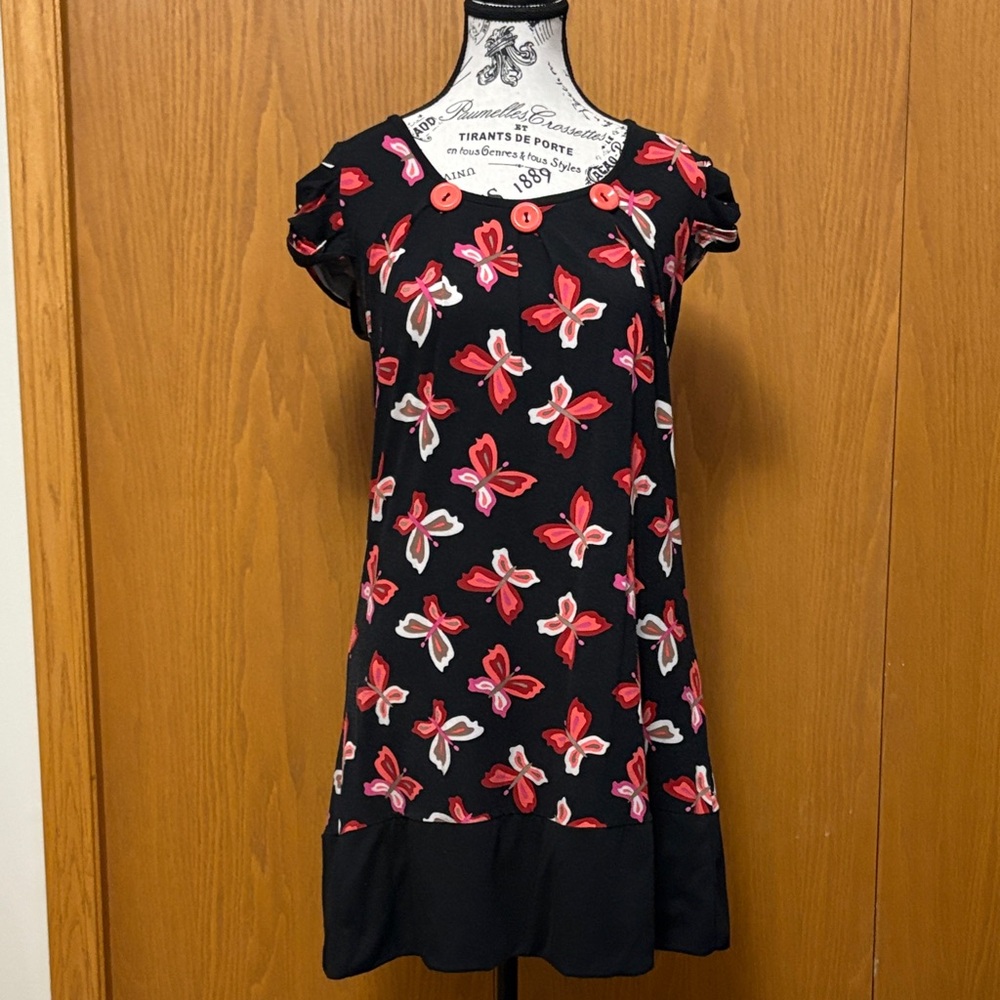 Rinascimento Black Dress with Red and Pink Butterfly Pattern